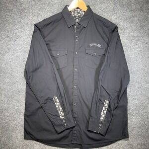 Rock Roll n Soul Graphic Button Up‎ Shirt Mens XL Black Skull Guitar Embroidered